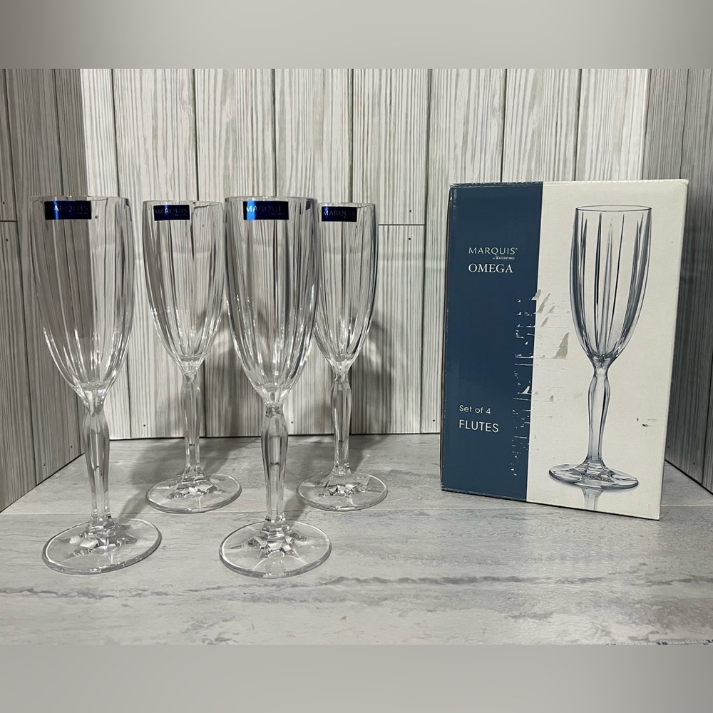 Marquis by Waterford "Omega" Champagne Flutes Lead Crystal Glass Set of 4 Marked